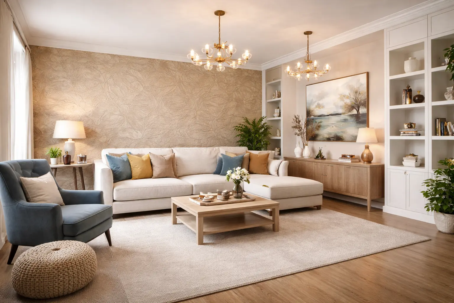 Elegant living room with gold accent استشارات الألوان