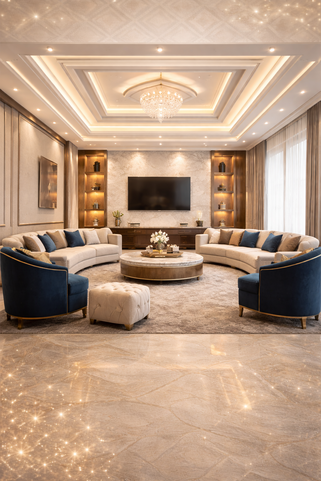 Elegant living room with grand chandelier