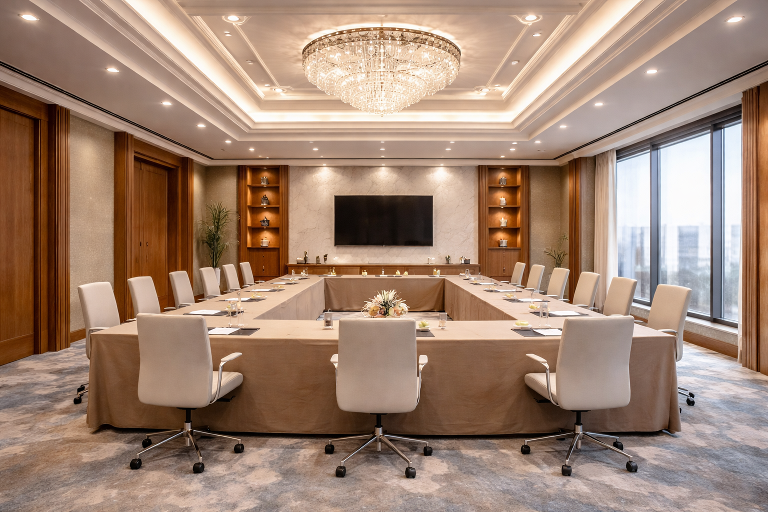 Luxurious conference room with crystal chandelier